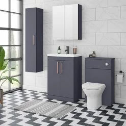 Arezzo Blue Floor Standing Vanity Unit, Tall Cabinet + Toilet Pack With Rose Gold Handles