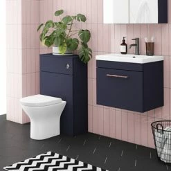 Arezzo Blue Wall Hung Sink Vanity Unit + Toilet Package With Rose Gold Handle