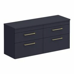 Arezzo Matt Blue Wall Hung 4 Drawer Double Countertop Vanity Unit (1200mm W. Brushed Brass Handles)