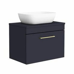 Arezzo Wall Hung Countertop Basin Unit - Blue With Brushed Brass Handle - 600mm Inc. Basin
