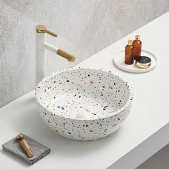 Arezzo White Terrazzo Effect Round Countertop Basin - 410mm Diameter