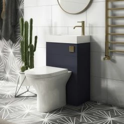 Arezzo Matt Blue Combined 2-In-1 Wash Basin & Toilet (500mm Wide X 300mm) Incl. Brushed Brass Flush