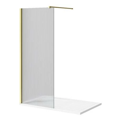 Arezzo 1400 x 900 Fluted Glass Brushed Brass Profile Wet Room (800 Screen, Square Support Arm + Tray) Arezzo 1400 X 900 Fluted Glass Brushed Brass Profile Wet Room (800 Screen, Square Support Arm + Tray) -Arezzo shop AZFGBB149 d4 460