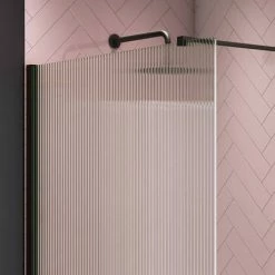 Arezzo Fluted Glass Matt Black Profile Wetroom Screen + Square Support Arm -Arezzo shop AZFGMB d2 460