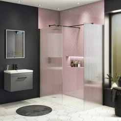 Arezzo Fluted Glass Matt Black Profile Wetroom Screen + Square Support Arm -Arezzo shop AZFGMB d3 460