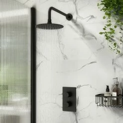 Arezzo Fluted Matt Black Round Shower Package With Concealed Valve + Head