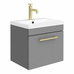 Arezzo Wall Hung Vanity Unit - Matt Grey - 500mm With Industrial Style Brushed Brass Handle