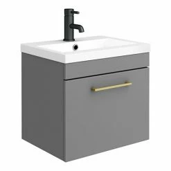 Arezzo 500 Matt Grey Wall Hung 1-Drawer Vanity Unit With Brushed Brass Handle