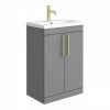 Arezzo Floor Standing Vanity Unit - Matt Grey - 600mm With Industrial Style Brushed Brass Handles -Arezzo shop AZG6FSVBBIS P