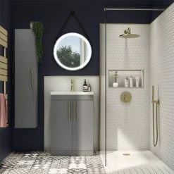 Arezzo Floor Standing Vanity Unit - Matt Grey - 600mm With Industrial Style Brushed Brass Handles 5 Arezzo Floor Standing Vanity Unit - Matt Grey - 600mm With Industrial Style Brushed Brass Handles -Arezzo shop AZG6FSVBBIS d3 460