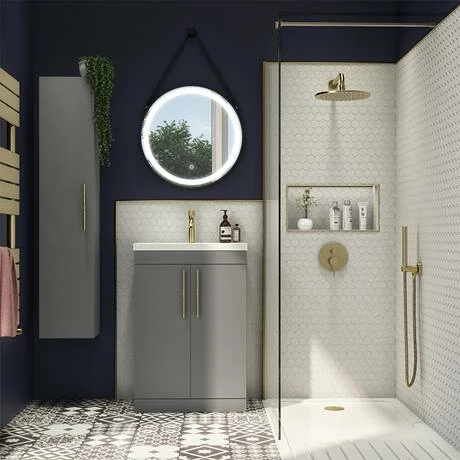 Arezzo Floor Standing Vanity Unit - Matt Grey - 600mm with Industrial Style Brushed Brass Handles Arezzo Floor Standing Vanity Unit - Matt Grey - 600mm With Industrial Style Brushed Brass Handles -Arezzo shop AZG6FSVBBIS d3 460