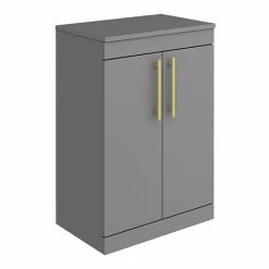 Arezzo Floor Standing Countertop Vanity Unit - Matt Grey - 600mm With Industrial Style Brushed Brass Handles