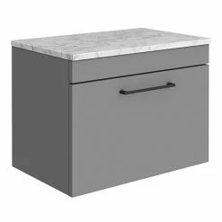 Arezzo Wall Hung Countertop Vanity Unit - Matt Grey - 600mm W. Matt White Marble Worktop & Black Handle
