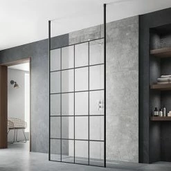 Arezzo Matt Black Grid Free Standing Wet Room Screen With Black Double Ceiling Posts