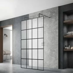 Arezzo Matt Black Grid Free Standing Wet Room Screen With Double Support Arms - Various Sizes