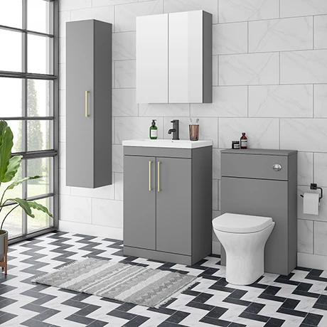 Arezzo Grey Floor Standing Vanity Unit, Tall Cabinet + Toilet Pack with Brass Handles Arezzo Grey Floor Standing Vanity Unit, Tall Cabinet + Toilet Pack With Brass Handles -Arezzo shop AZGBRFSP1 p