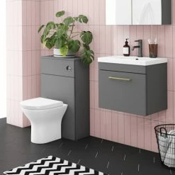 Arezzo Grey Wall Hung Sink Vanity Unit + Toilet Package With Brass Handle