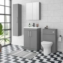 Arezzo Grey Floor Standing Vanity Unit, Tall Cabinet + Toilet Pack With Chrome Handles