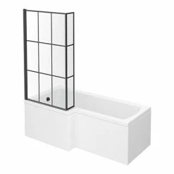 Arezzo Shower Bath - 1700mm L Shaped With Matt Black Grid Screen + Panel