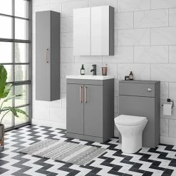 Arezzo Grey Floor Standing Vanity Unit, Tall Cabinet + Toilet Pack With Rose Gold Handles