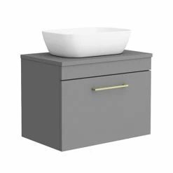 Arezzo Wall Hung Countertop Basin Unit - Grey With Brushed Brass Handle - 600mm Inc. Basin