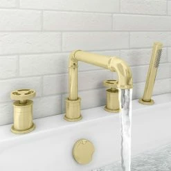 Arezzo Brushed Brass 4TH Industrial Style Deck Mounted Bath Shower Mixer Inc. Pull Out Handset