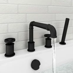 Arezzo Matt Black 4TH Industrial Style Deck Mounted Bath Shower Mixer Inc. Pull Out Handset