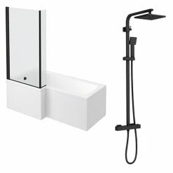 Arezzo Square Matt Black Shower Bath + Exposed Shower Pack (1700 L Shaped With Screen + Panel)