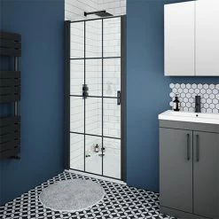 Arezzo 800mm Matt Black Grid Frameless Pivot Shower Door + Tray For Recess