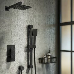 Arezzo Matt Black Square Thermostatic Shower Pack Incl. Wall Mounted Head + Slider Rail Kit