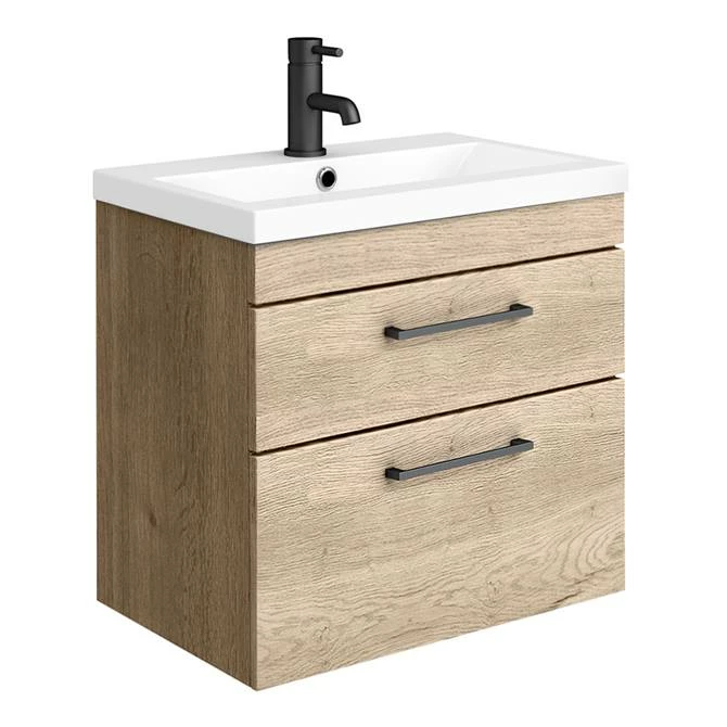 Arezzo 600 Rustic Oak Wall Hung 2-Drawers Vanity Unit with Matt Black Handles Arezzo 600 Rustic Oak Wall Hung 2-Drawers Vanity Unit With Matt Black Handles -Arezzo shop AZO6WHVMB2D lrg 670
