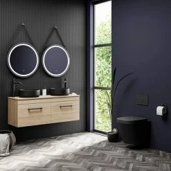 Arezzo Rustic Oak Wall Hung Double Countertop Vanity Incl. 2 Matt Black Basins (1200mm W. Black Handles) -Arezzo shop AZOWHMB12RBB d4 460