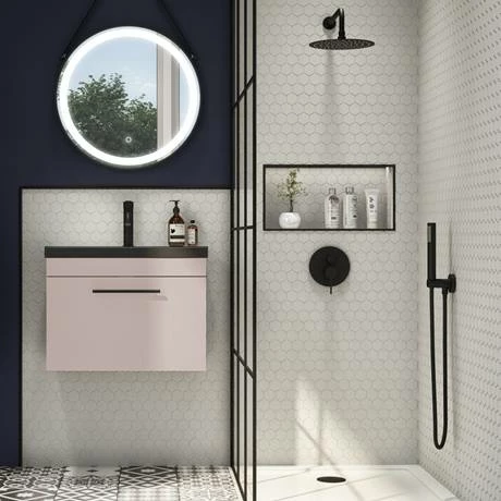 Arezzo Wall Hung Vanity Unit - Matt Pink - 600mm Black Basin with Industrial Style Handle Arezzo Wall Hung Vanity Unit - Matt Pink - 600mm Black Basin With Industrial Style Handle -Arezzo shop AZP6WHVBKISB d5 460