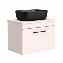 Arezzo Wall Hung Countertop Basin Unit - Pink With Matt Black Handle - 600mm Inc. Black Basin