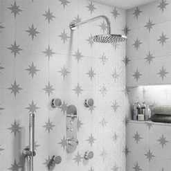 Arezzo Chrome Industrial Style Push Button Shower Valve With Diverter, Handset, Fixed Shower Head + 4 Body Jets