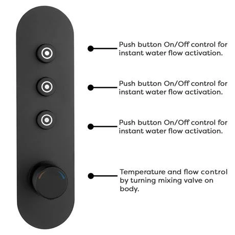 Arezzo Matt Black Industrial Style Push Button Shower Valve with Diverter, Handset, Fixed Shower Head + 4 Body Jets Arezzo Matt Black Industrial Style Push Button Shower Valve With Diverter, Handset, Fixed Shower Head + 4 Body Jets -Arezzo shop AZPB03RMBPK D1 460