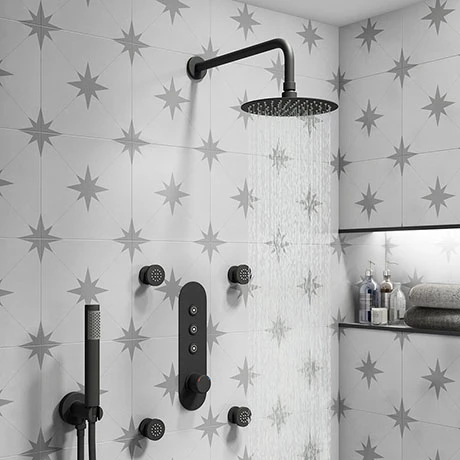 Arezzo Matt Black Industrial Style Push Button Shower Valve with Diverter, Handset, Fixed Shower Head + 4 Body Jets Arezzo Matt Black Industrial Style Push Button Shower Valve With Diverter, Handset, Fixed Shower Head + 4 Body Jets -Arezzo shop AZPB03RMBPK P