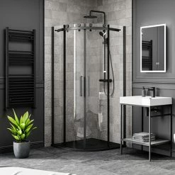 Arezzo Matt Black 800 X 800mm Frameless Quadrant Shower Enclosure With Black Tray