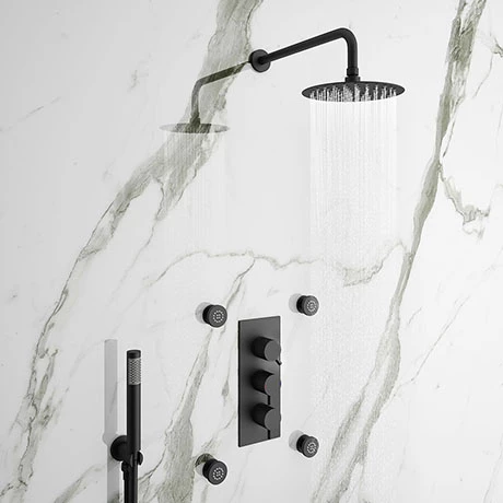Arezzo Matt Black Round Concealed Triple Shower Valve with Diverter, Handset, Fixed Shower Head + 4 Body Jets Arezzo Matt Black Round Concealed Triple Shower Valve With Diverter, Handset, Fixed Shower Head + 4 Body Jets -Arezzo shop AZRDSV38HB P1