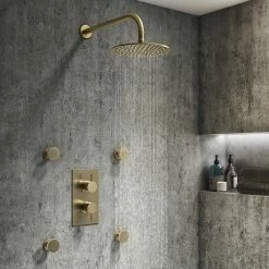 Arezzo Brushed Brass Round Shower System With Diverter, Fixed Shower Head + 4 Body Jets