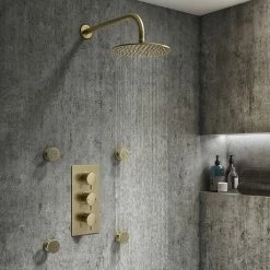 Arezzo Brushed Brass Round Concealed Triple Shower Valve With Fixed Head + 4 Body Jets