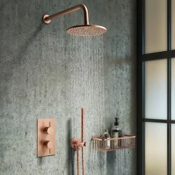 Arezzo Rose Gold Round Shower System (Twin Valve With Diverter, Wall Mounted Head + Handset)