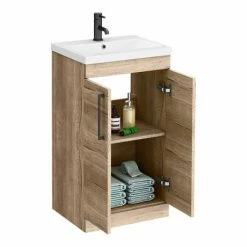 Arezzo Floor Standing Vanity Unit - Rustic Oak - 500mm With Matt Black Handles -Arezzo shop AZRO5FSVMB d2 460