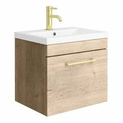 Arezzo Wall Hung Vanity Unit - Rustic Oak - 500mm With Brushed Brass Handle