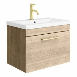 Arezzo Wall Hung Vanity Unit - Rustic Oak - 600mm With Brushed Brass Handle