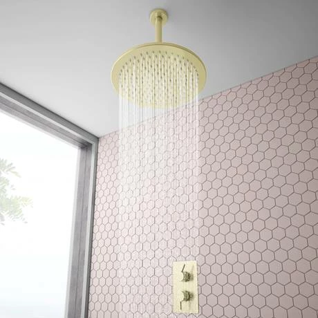 Arezzo Brushed Brass 300mm Thin Round Shower Head + 200mm Ceiling Mounted Arm Arezzo Brushed Brass 300mm Thin Round Shower Head + 200mm Ceiling Mounted Arm -Arezzo shop AZS32BCA d3 460