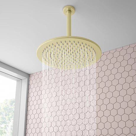 Arezzo Brushed Brass 300mm Thin Round Shower Head + 200mm Ceiling Mounted Arm Arezzo Brushed Brass 300mm Thin Round Shower Head + 200mm Ceiling Mounted Arm -Arezzo shop AZS32BCA n p
