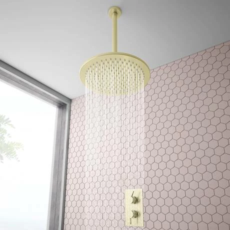 Arezzo Brushed Brass 300mm Thin Round Shower Head + 300mm Ceiling Mounted Arm Arezzo Brushed Brass 300mm Thin Round Shower Head + 300mm Ceiling Mounted Arm -Arezzo shop AZS33BCA d3 460