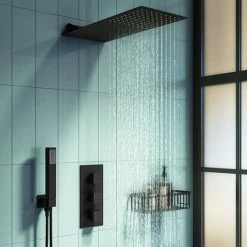 Arezzo Matt Black Square Triple Thermostatic Shower Pack W. Flat Fixed Head + Handset