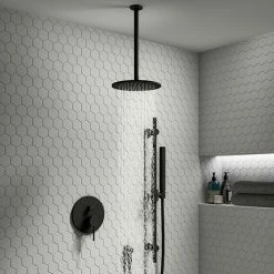 Arezzo Matt Black Shower System (Valve Inc. 195mm Ceiling Mounted Head + Slide Rail Kit With Handset)
